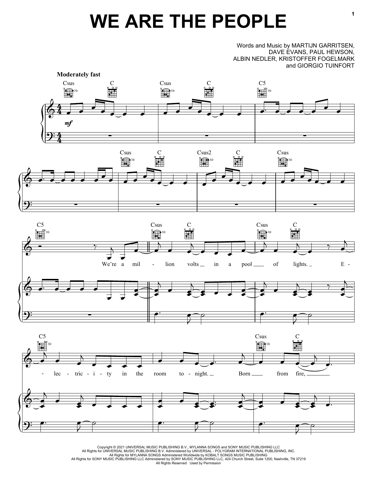 Martin Garrix We Are The People (feat. Bono & The Edge) [Official UEFA EURO 2020 Song] Sheet Music Notes & Chords for Piano, Vocal & Guitar (Right-Hand Melody) - Download or Print PDF