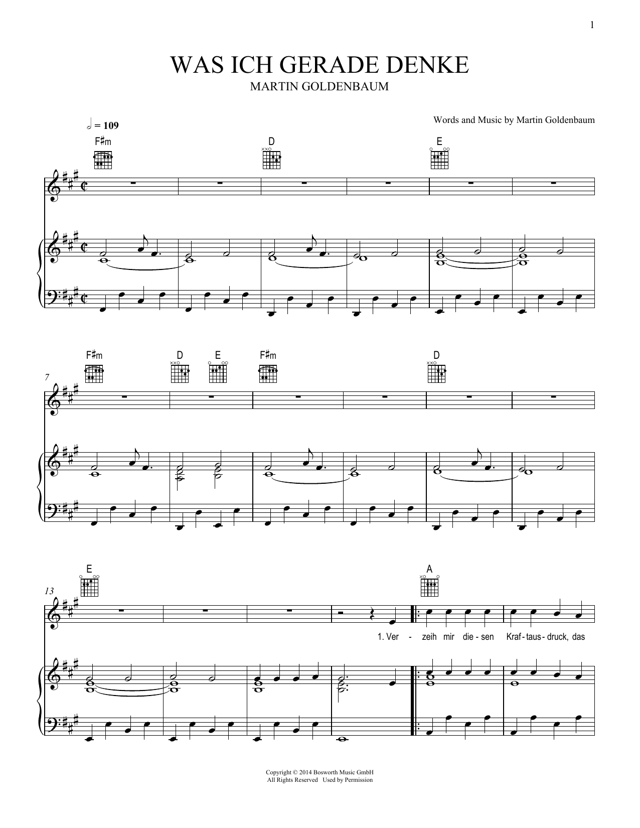 Martin Goldenbaum Was ich gerade denke Sheet Music Notes & Chords for Piano, Vocal & Guitar Chords (Right-Hand Melody) - Download or Print PDF