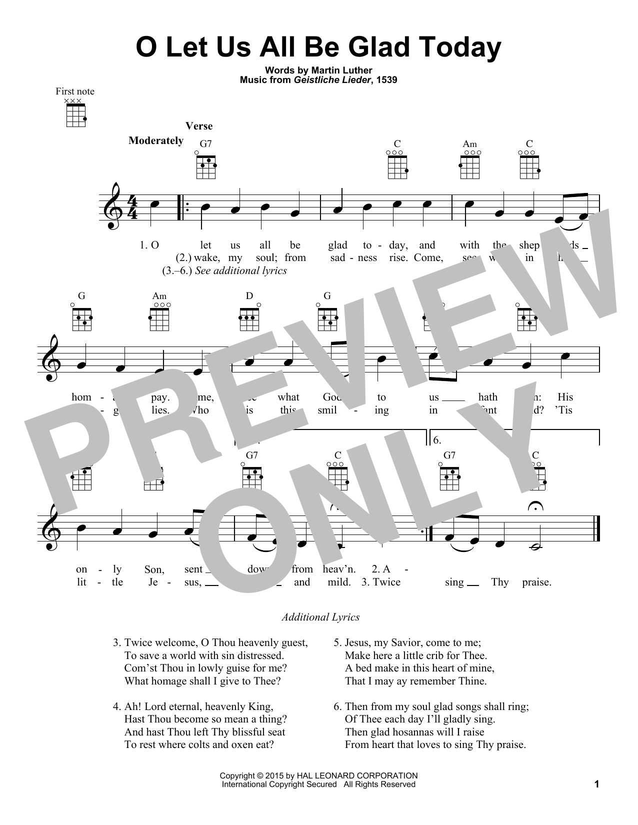 Martin Luther O Let Us All Be Glad Today Sheet Music Notes & Chords for Ukulele - Download or Print PDF