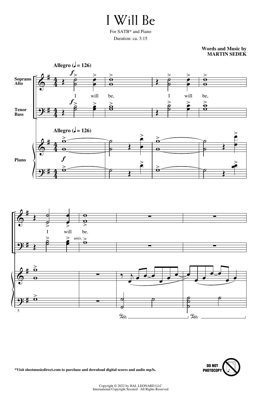 Martin Sedek I Will Be Sheet Music Notes & Chords for SATB Choir - Download or Print PDF