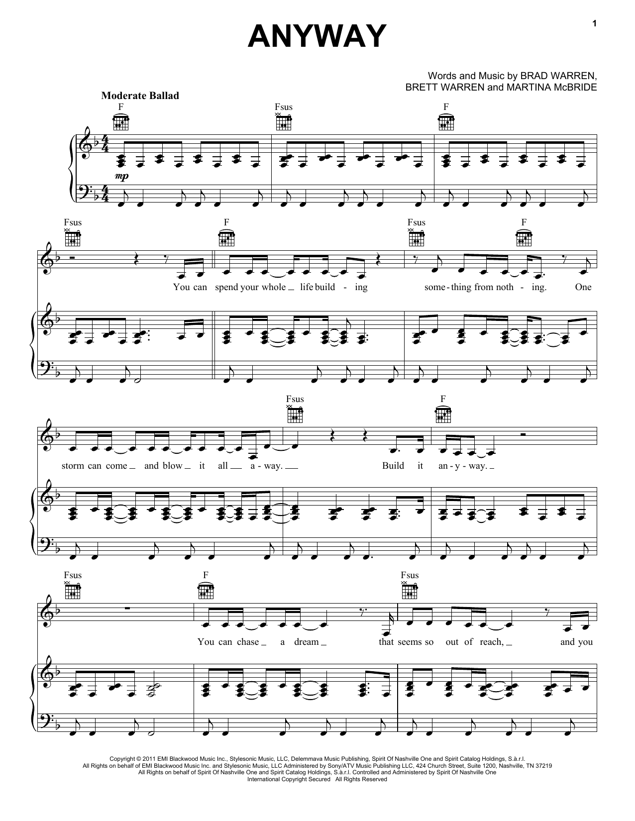 Martina McBride Anyway Sheet Music Notes & Chords for Piano, Vocal & Guitar (Right-Hand Melody) - Download or Print PDF