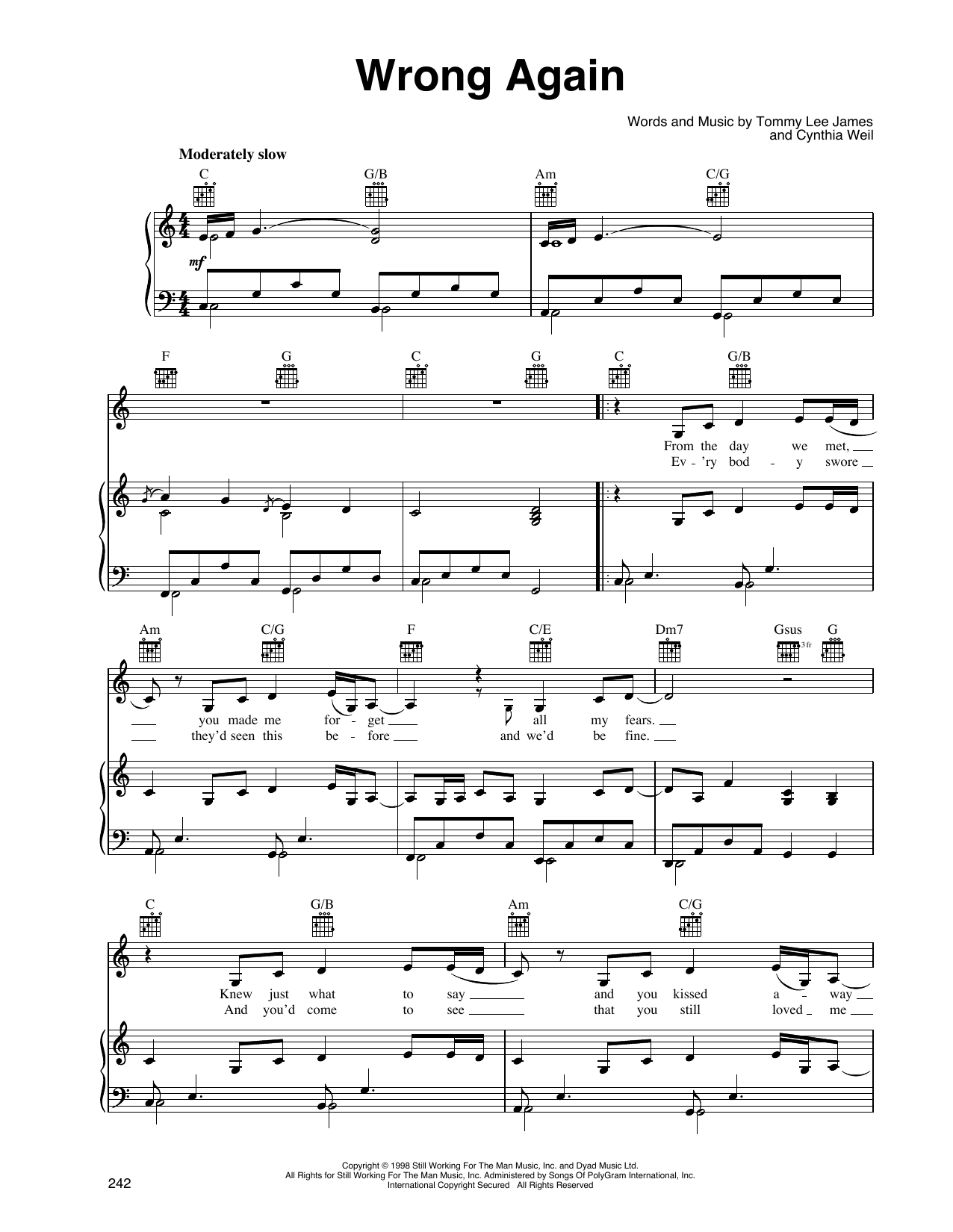 Martina McBride Wrong Again Sheet Music Notes & Chords for Piano, Vocal & Guitar (Right-Hand Melody) - Download or Print PDF