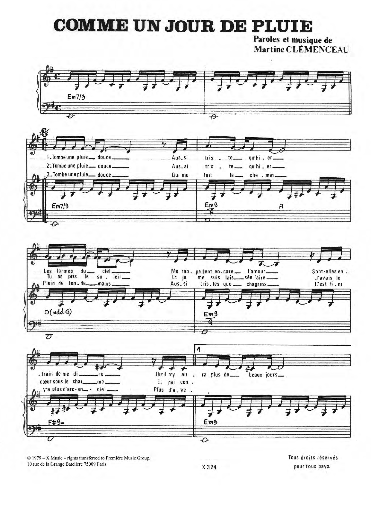 Martine Clemenceau Comme Un Jour De Pluie Sheet Music Notes & Chords for Piano & Vocal - Download or Print PDF
