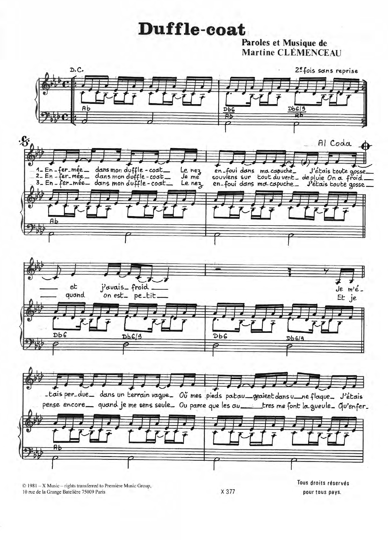Martine Clemenceau Duffle Coat Sheet Music Notes & Chords for Piano & Vocal - Download or Print PDF Martine Clemenceau Duffle Coat Sheet Music Notes & Chords for Piano & Vocal - Download or Print PDF
