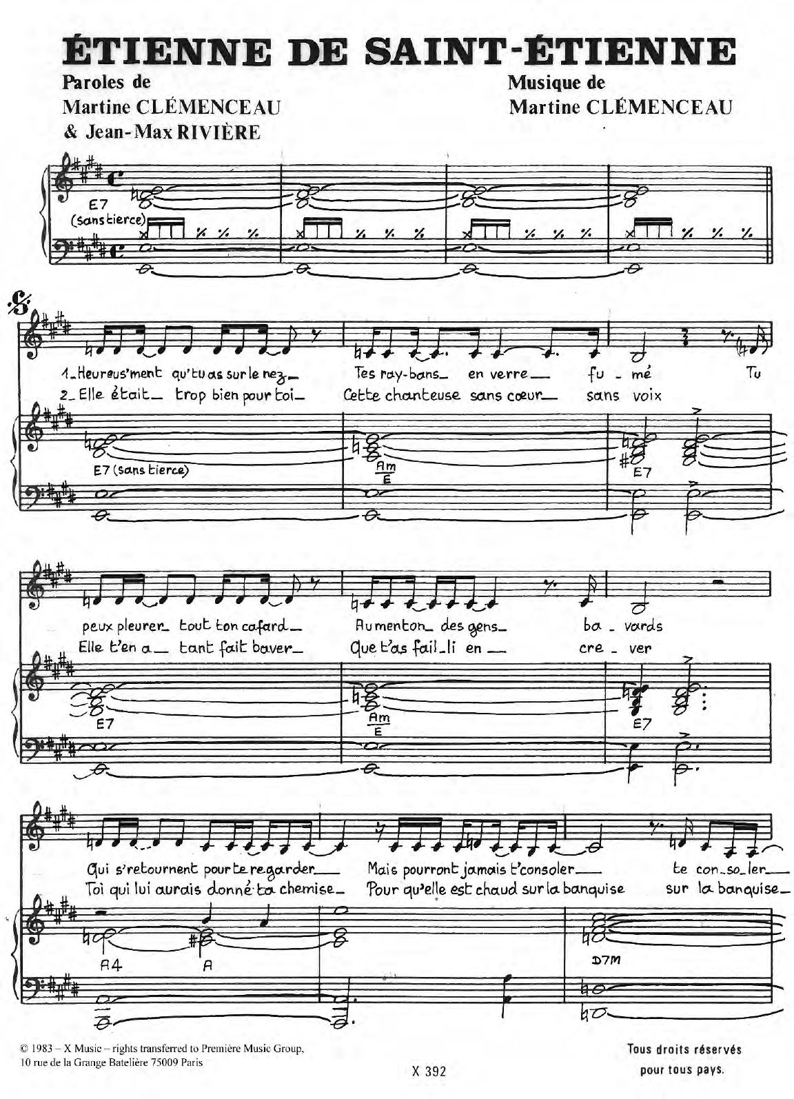 Martine Clemenceau Etienne De Saint-Etienne Sheet Music Notes & Chords for Piano & Vocal - Download or Print PDF