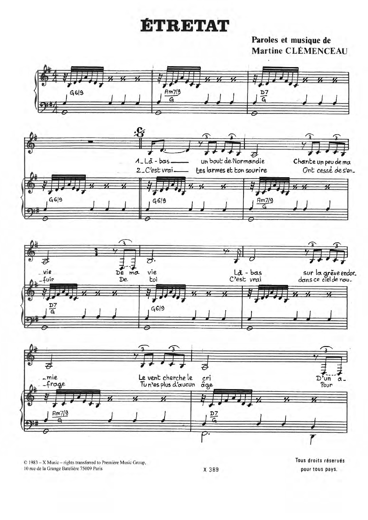 Martine Clemenceau Etretat Sheet Music Notes & Chords for Piano & Vocal - Download or Print PDF