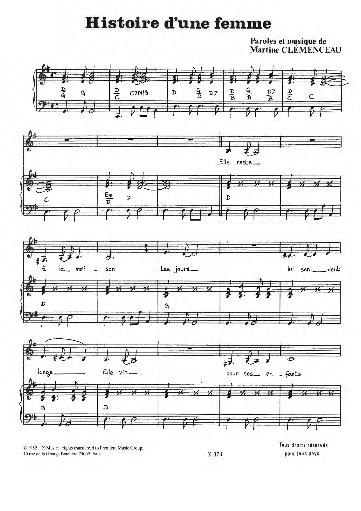 Martine Clemenceau Histoire D'une Femme Sheet Music Notes & Chords for Piano & Vocal - Download or Print PDF