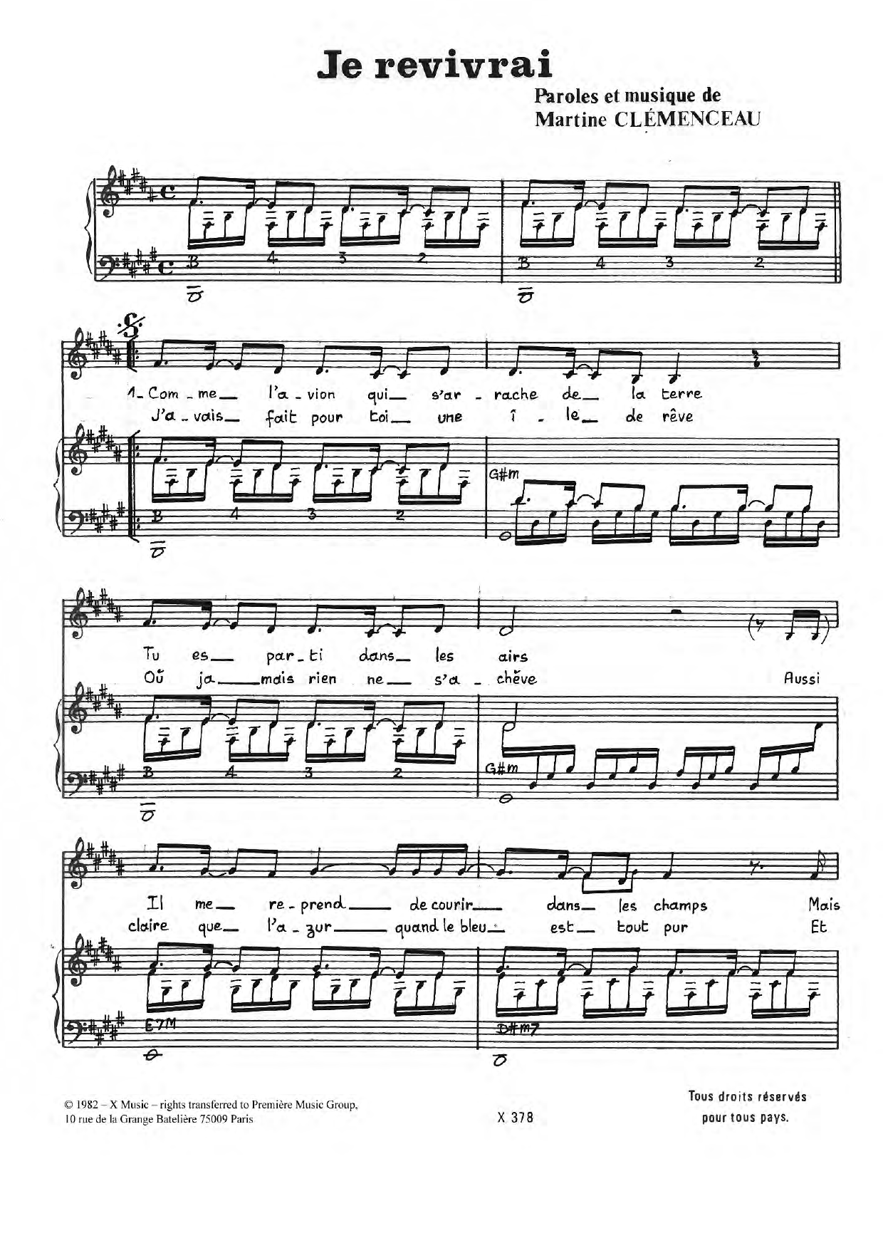 Martine Clemenceau Je Revivrai Sheet Music Notes & Chords for Piano & Vocal - Download or Print PDF