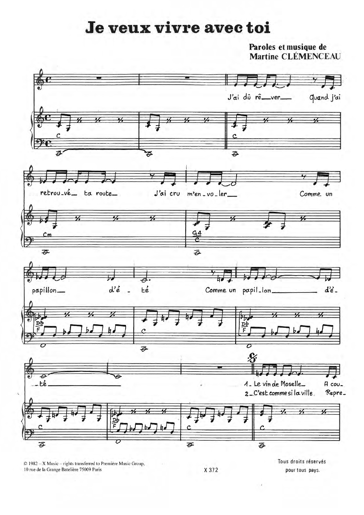 Martine Clemenceau Je Veux Vivre Avec Toi Sheet Music Notes & Chords for Piano & Vocal - Download or Print PDF Martine Clemenceau Je Veux Vivre Avec Toi Sheet Music Notes & Chords for Piano & Vocal - Download or Print PDF