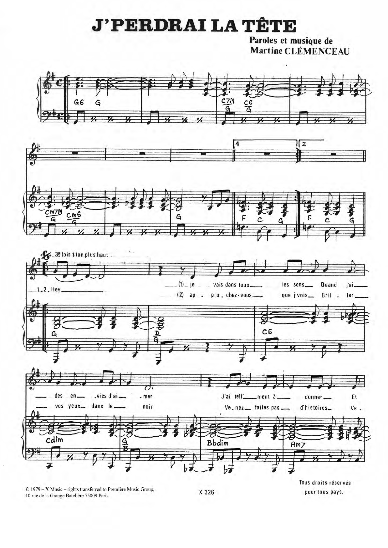 Martine Clemenceau J'perdrai La Tete Sheet Music Notes & Chords for Piano & Vocal - Download or Print PDF