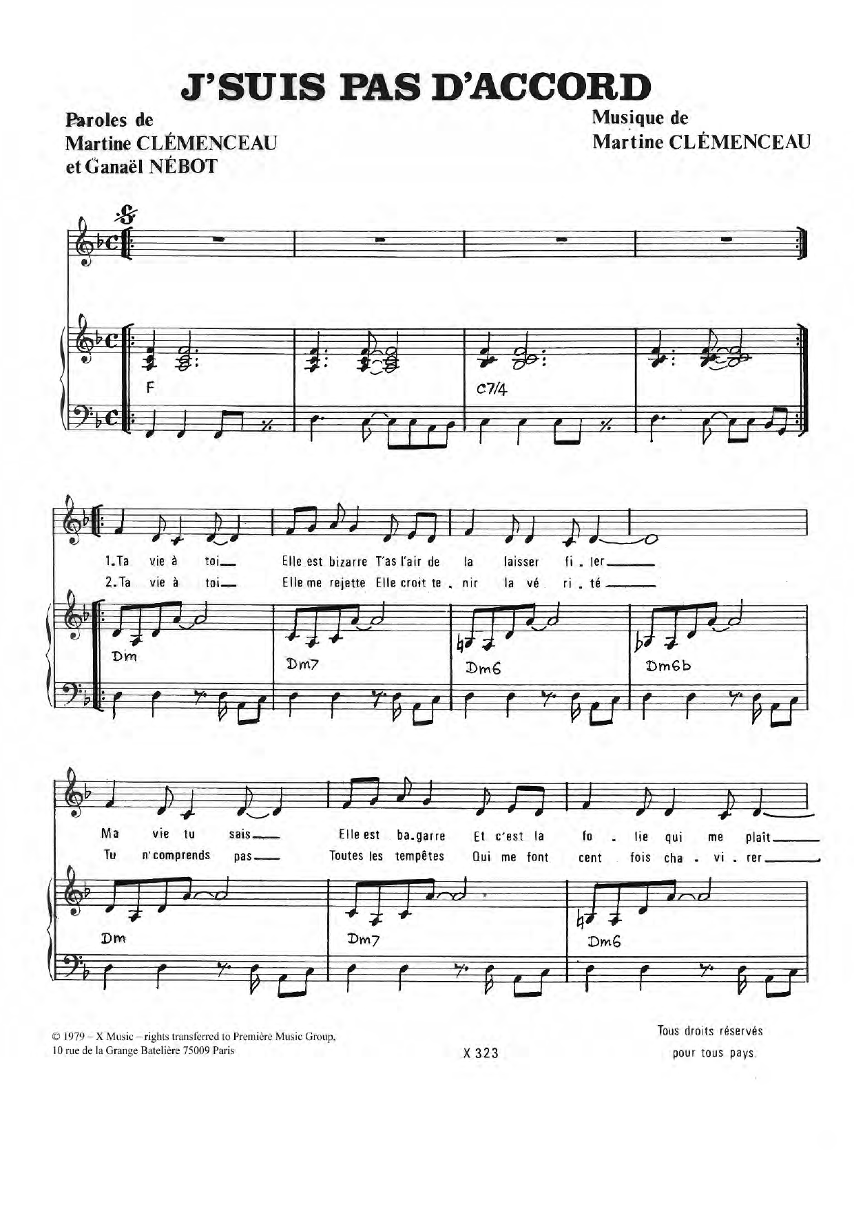 Martine Clemenceau J'suis Pas D'accord Sheet Music Notes & Chords for Piano & Vocal - Download or Print PDF