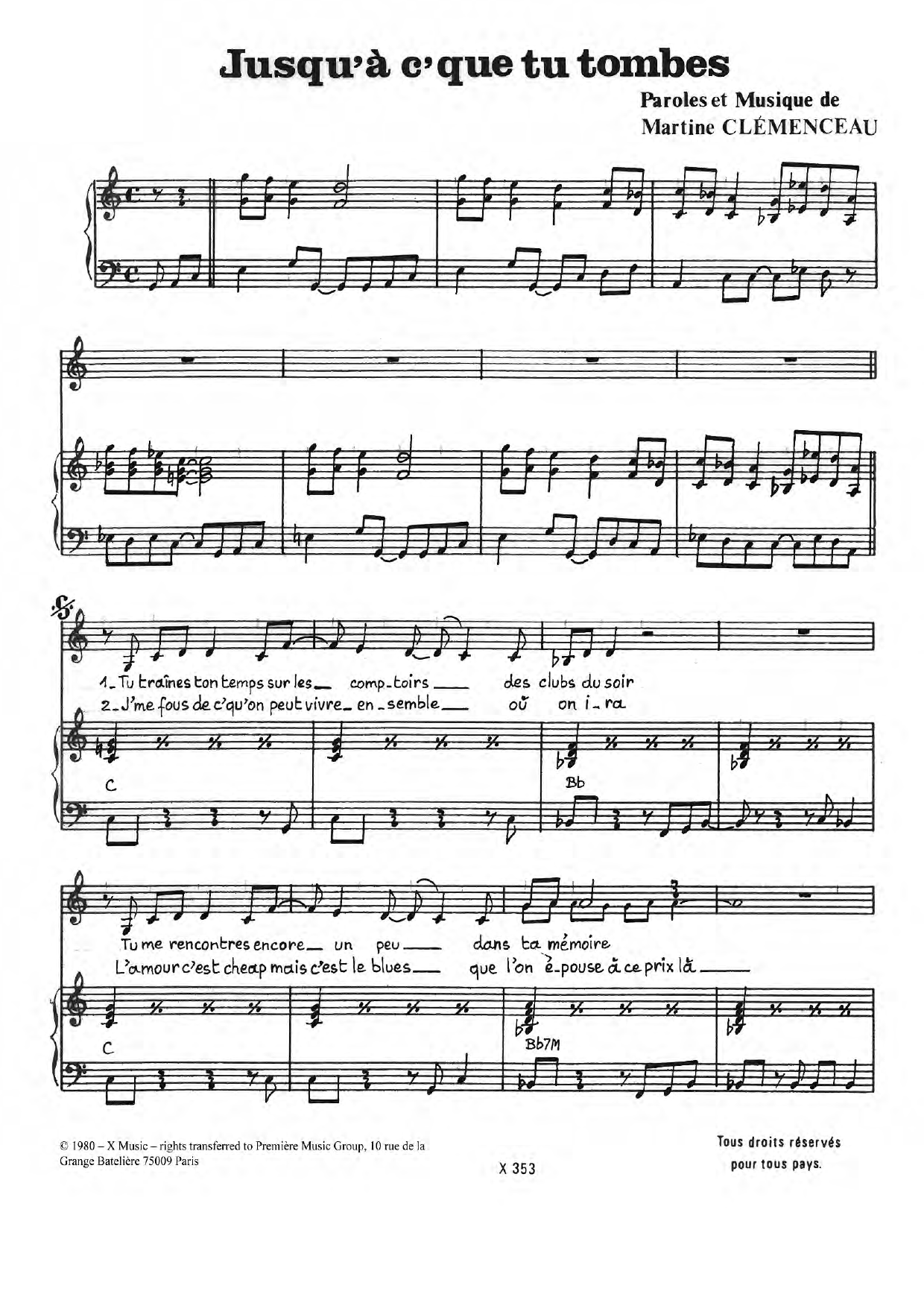 Martine Clemenceau Jusqu'a Ce Que Tu Tombes Sheet Music Notes & Chords for Piano & Vocal - Download or Print PDF