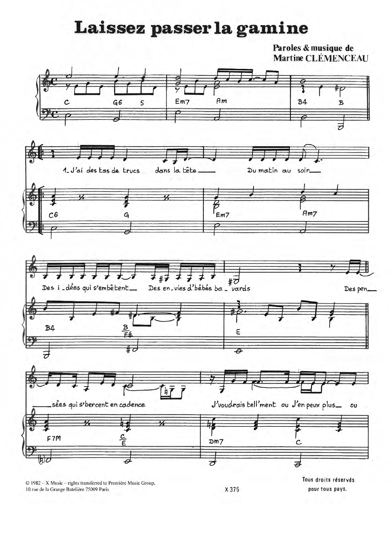 Martine Clemenceau Laissez Passer La Gamine Sheet Music Notes & Chords for Piano & Vocal - Download or Print PDF