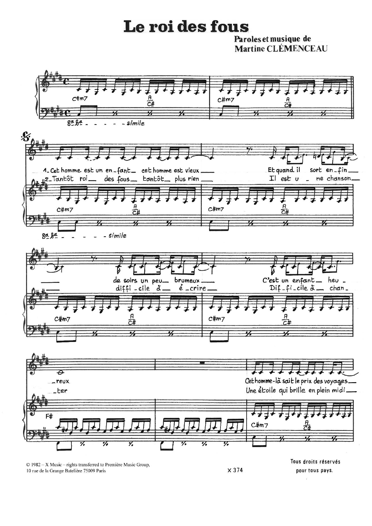 Martine Clemenceau Le Roi Des Fous Sheet Music Notes & Chords for Piano & Vocal - Download or Print PDF