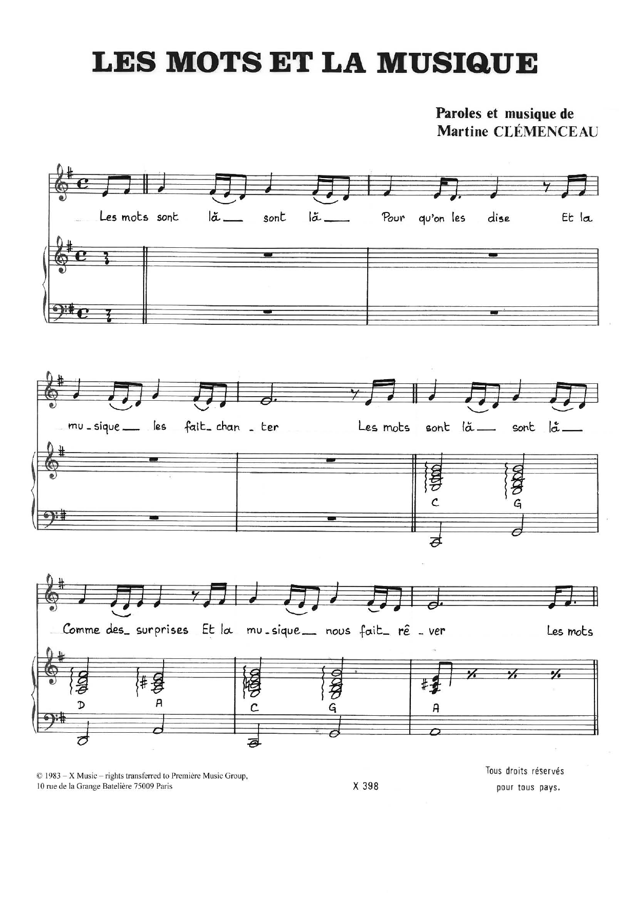 Martine Clemenceau Les Mots Et La Musique Sheet Music Notes & Chords for Piano & Vocal - Download or Print PDF