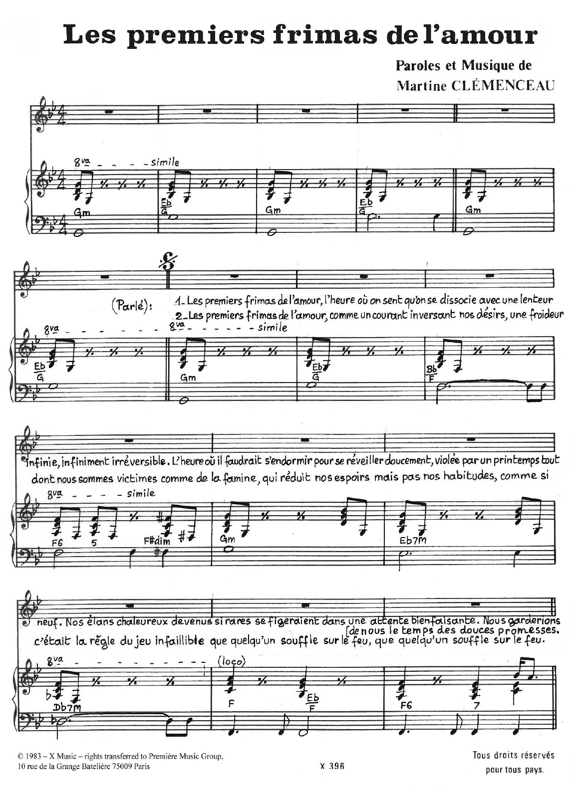 Martine Clemenceau Les Premiers Frimas De L'amour Sheet Music Notes & Chords for Piano & Vocal - Download or Print PDF
