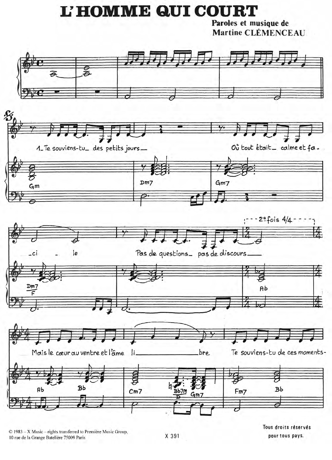 Martine Clemenceau L'homme Qui Court Sheet Music Notes & Chords for Piano & Vocal - Download or Print PDF