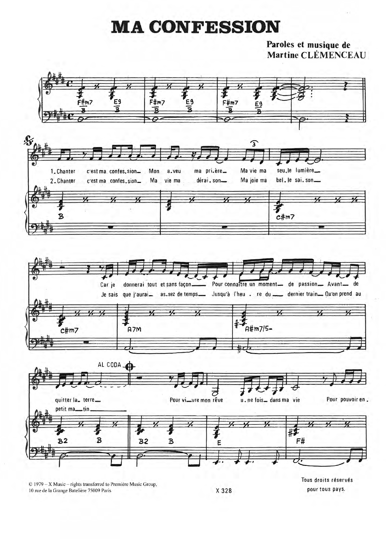 Martine Clemenceau Ma Confession Sheet Music Notes & Chords for Piano & Vocal - Download or Print PDF