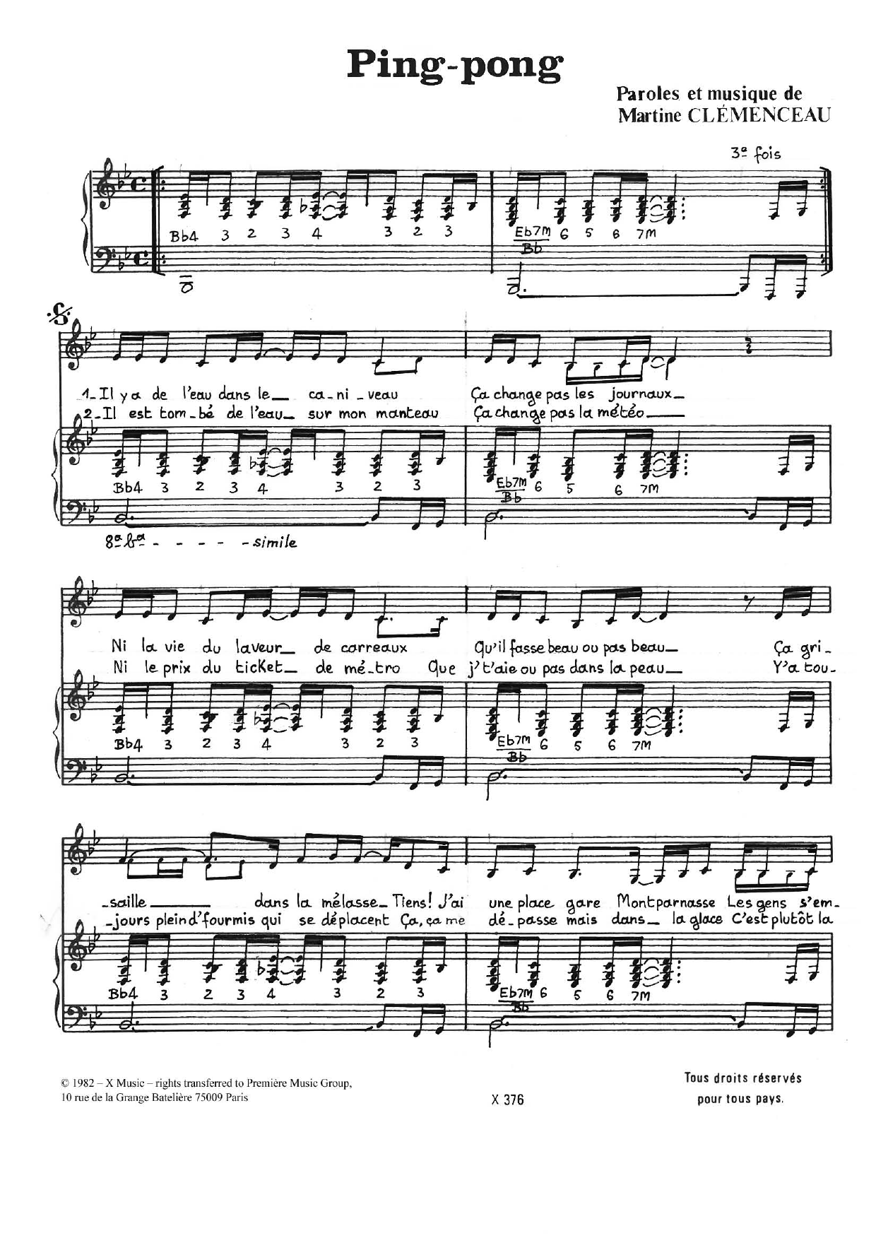 Martine Clemenceau Ping-Pong Sheet Music Notes & Chords for Piano & Vocal - Download or Print PDF