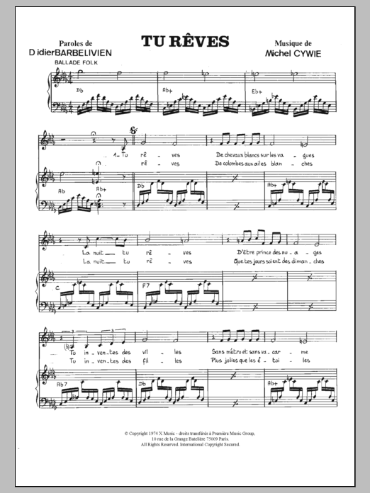 Martine Le Page Tu Reves Sheet Music Notes & Chords for Piano & Vocal - Download or Print PDF