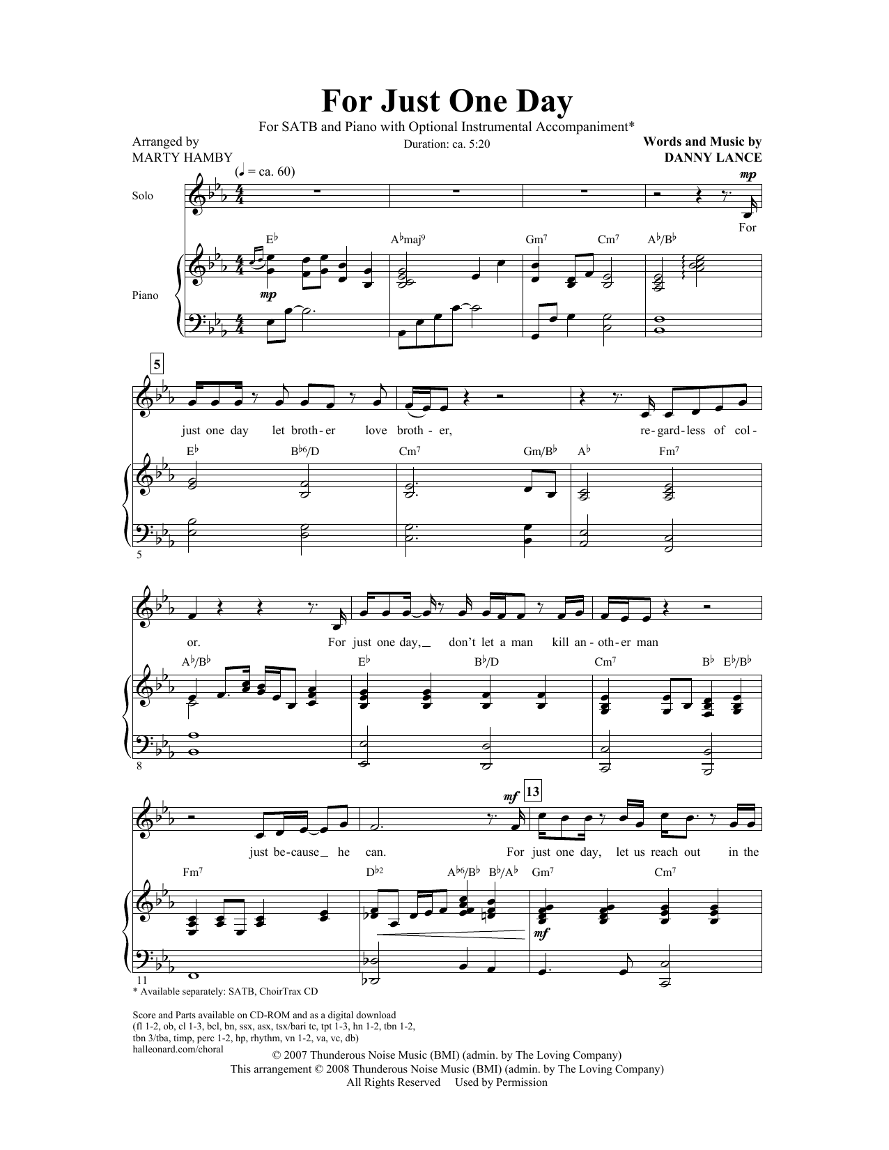 Marty Hamby For Just One Day Sheet Music Notes & Chords for SATB - Download or Print PDF