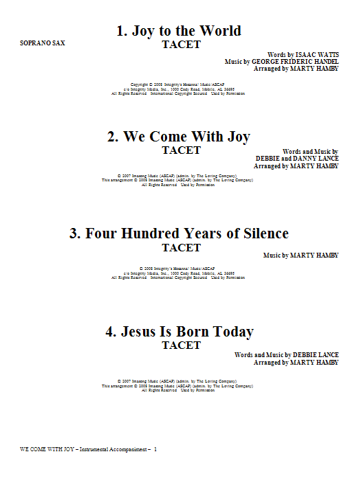Marty Hamby We Come With Joy Orchestration - Soprano Sax Sheet Music Notes & Chords for Choir Instrumental Pak - Download or Print PDF