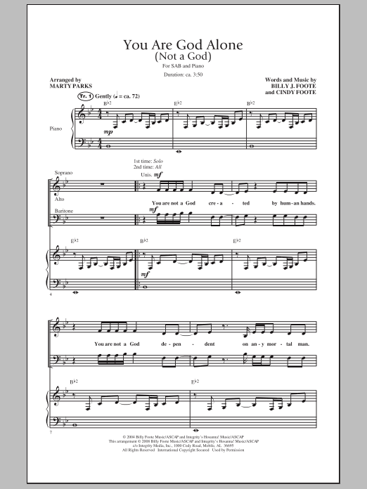 Marty Parks You Are God Alone (Not A God) Sheet Music Notes & Chords for SAB - Download or Print PDF