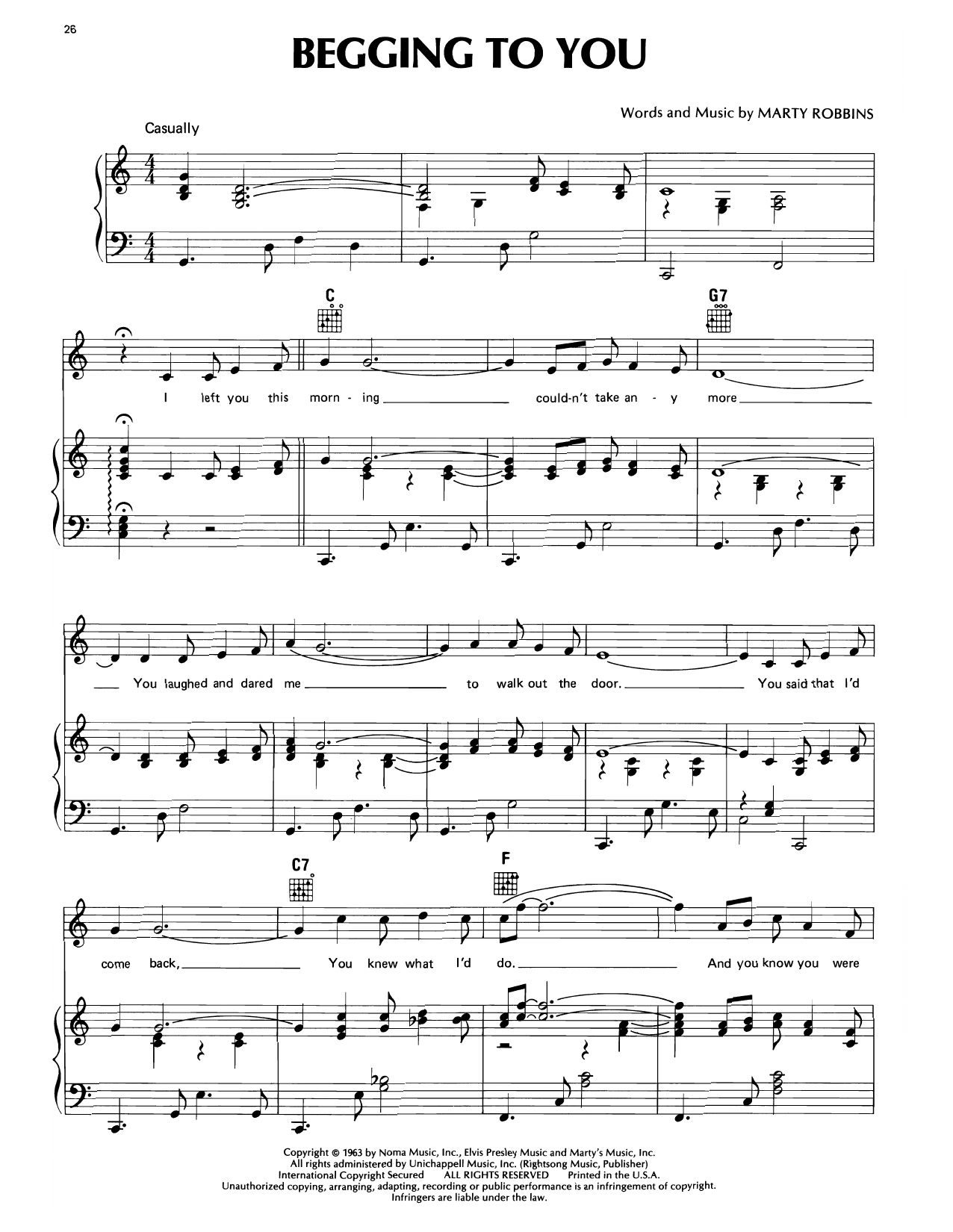 Marty Robbins Begging To You Sheet Music Notes & Chords for Piano, Vocal & Guitar Chords (Right-Hand Melody) - Download or Print PDF Marty Robbins Begging To You Sheet Music Notes & Chords for Piano, Vocal & Guitar Chords (Right-Hand Melody) - Download or Print PDF