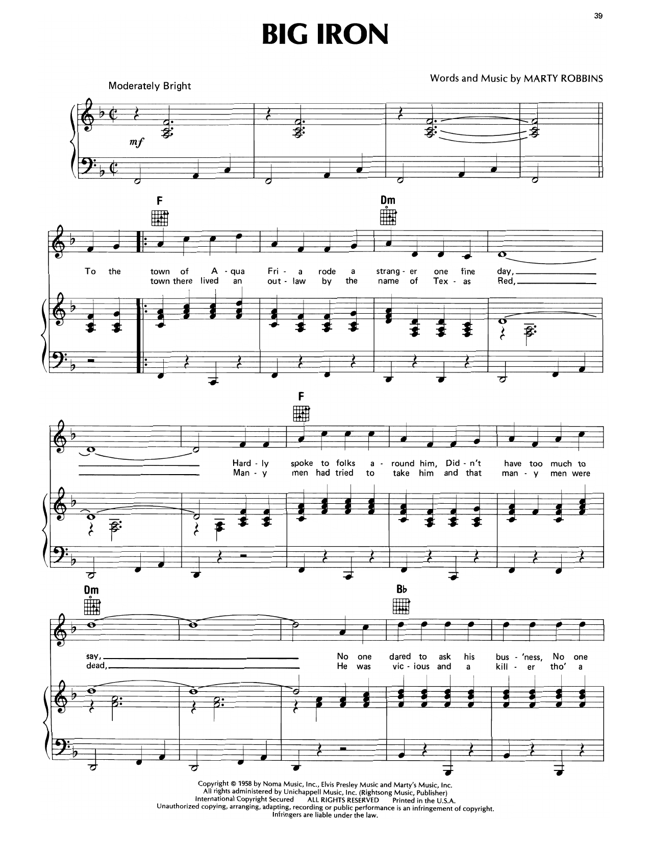 Marty Robbins Big Iron Sheet Music Notes & Chords for Piano, Vocal & Guitar Chords (Right-Hand Melody) - Download or Print PDF Marty Robbins Big Iron Sheet Music Notes & Chords for Piano, Vocal & Guitar Chords (Right-Hand Melody) - Download or Print PDF