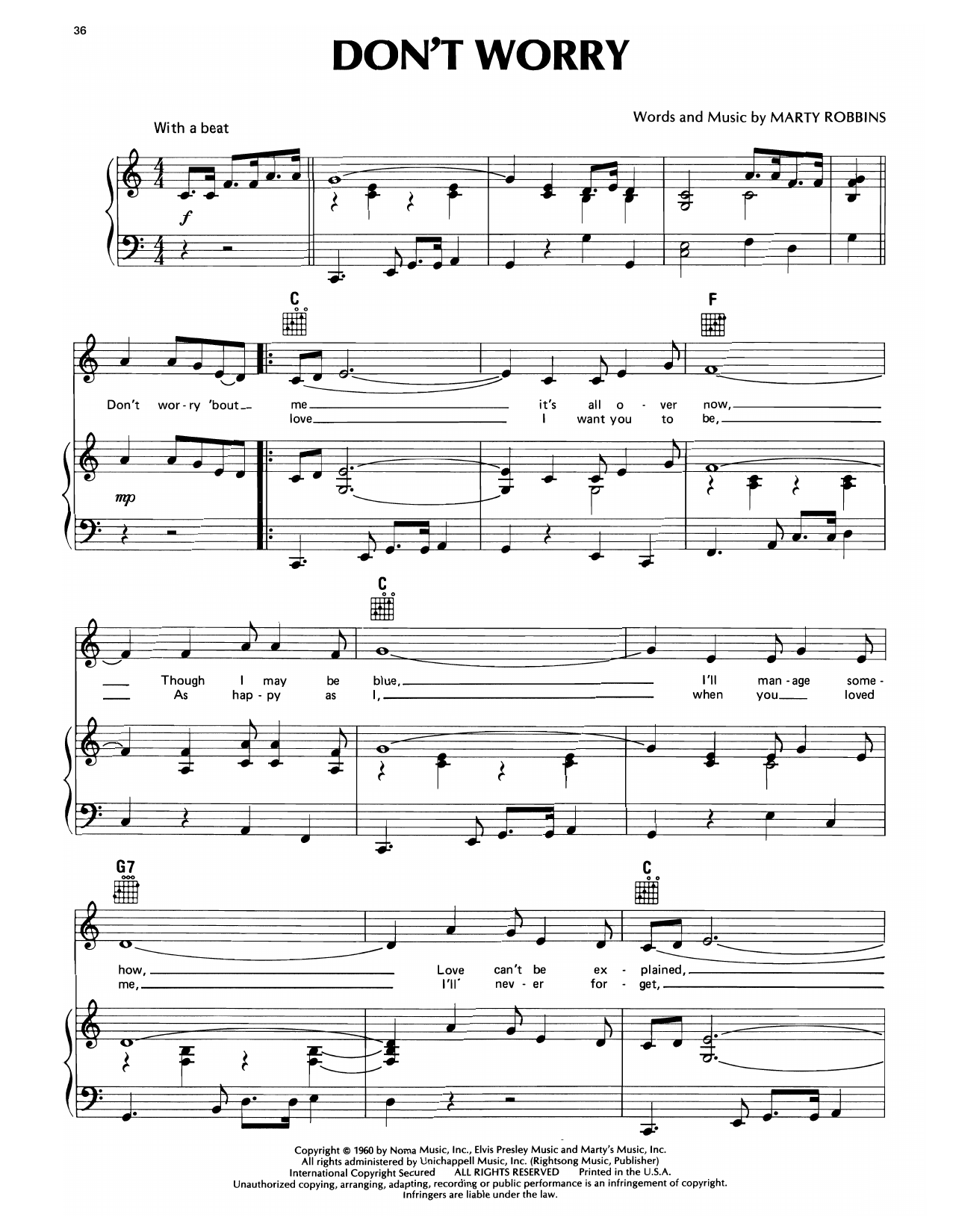 Marty Robbins Don't Worry Sheet Music Notes & Chords for Piano, Vocal & Guitar Chords (Right-Hand Melody) - Download or Print PDF Marty Robbins Don't Worry Sheet Music Notes & Chords for Piano, Vocal & Guitar Chords (Right-Hand Melody) - Download or Print PDF