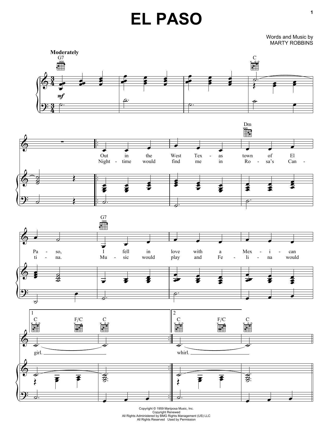 Marty Robbins El Paso Sheet Music Notes & Chords for Piano, Vocal & Guitar (Right-Hand Melody) - Download or Print PDF