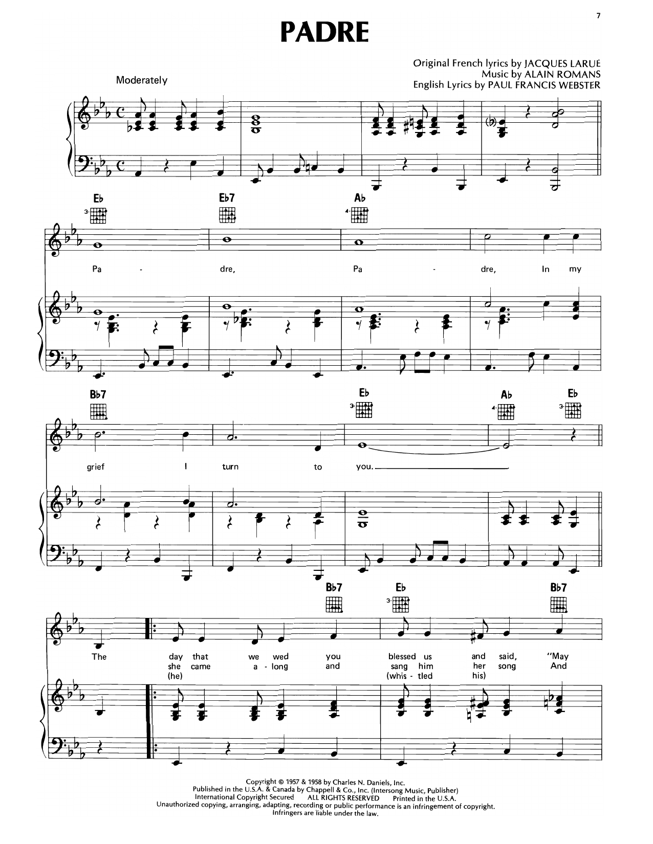 Marty Robbins Padre Sheet Music Notes & Chords for Piano, Vocal & Guitar Chords (Right-Hand Melody) - Download or Print PDF