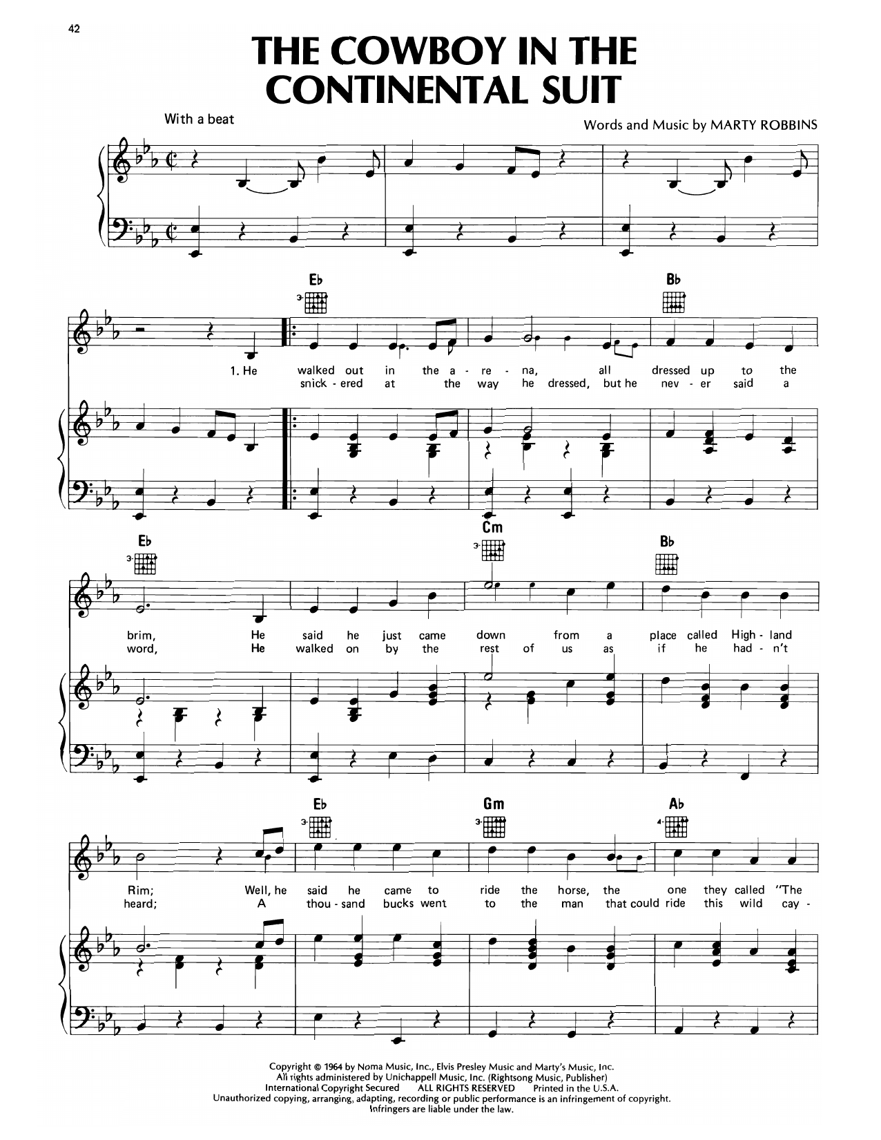 Marty Robbins The Cowboy In The Continental Suit Sheet Music Notes & Chords for Piano, Vocal & Guitar Chords (Right-Hand Melody) - Download or Print PDF Marty Robbins The Cowboy In The Continental Suit Sheet Music Notes & Chords for Piano, Vocal & Guitar Chords (Right-Hand Melody) - Download or Print PDF