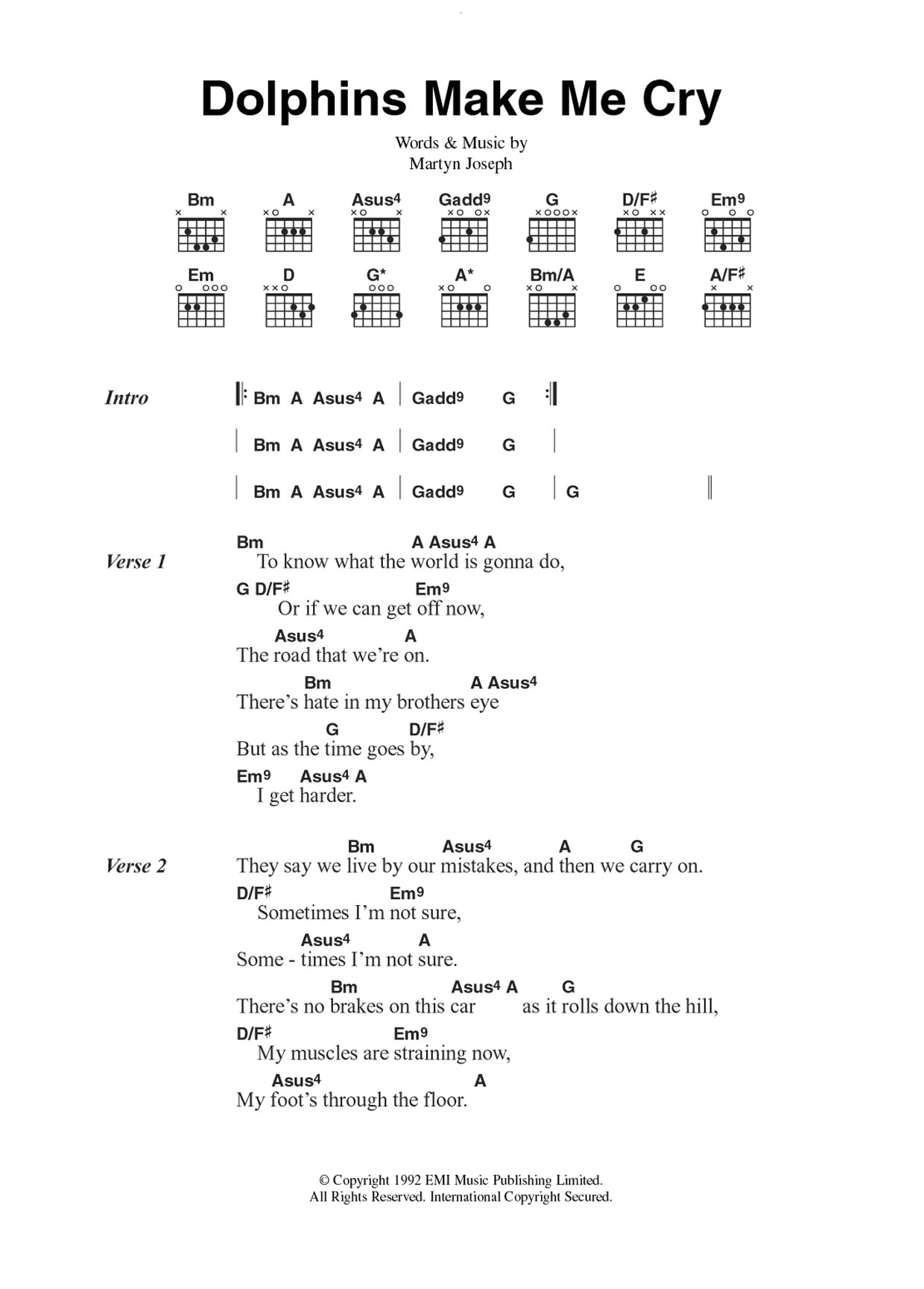 Martyn Joseph Dolphins Make Me Cry Sheet Music Notes & Chords for Lyrics & Chords - Download or Print PDF