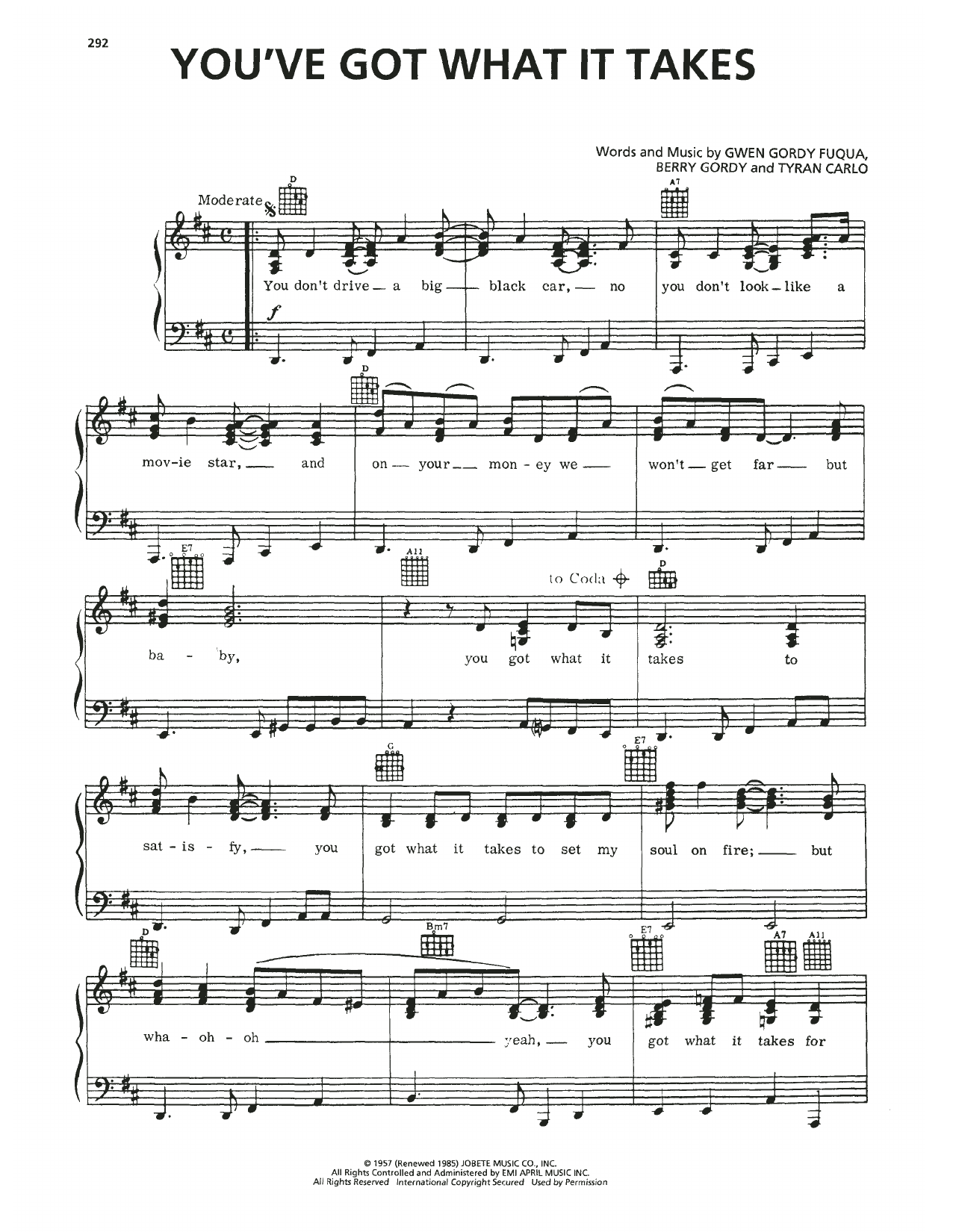 Marv Johnson You've Got What It Takes Sheet Music Notes & Chords for Piano, Vocal & Guitar Chords (Right-Hand Melody) - Download or Print PDF