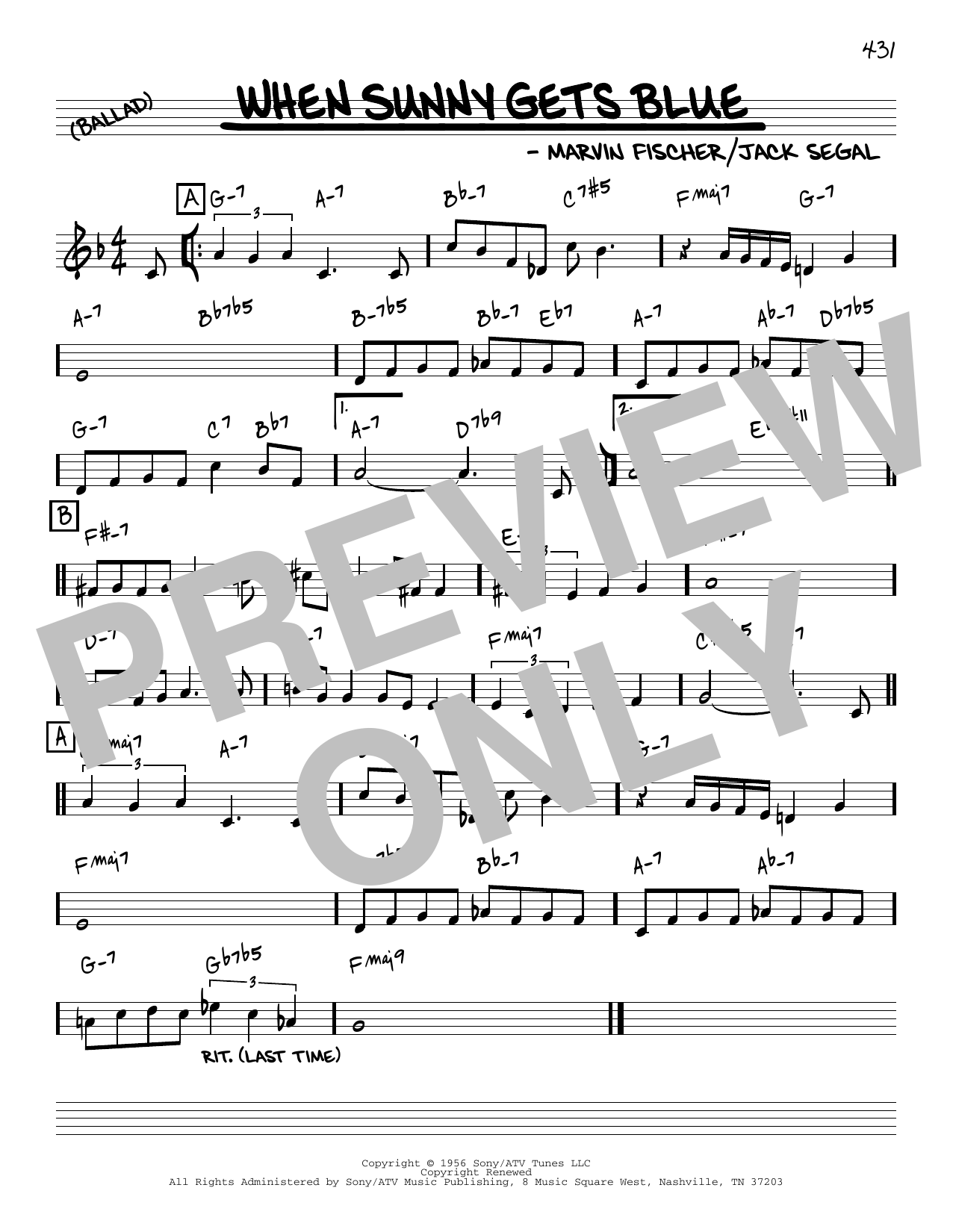 Marvin Fisher When Sunny Gets Blue [Reharmonized version] (arr. Jack Grassel) Sheet Music Notes & Chords for Real Book – Melody & Chords - Download or Print PDF