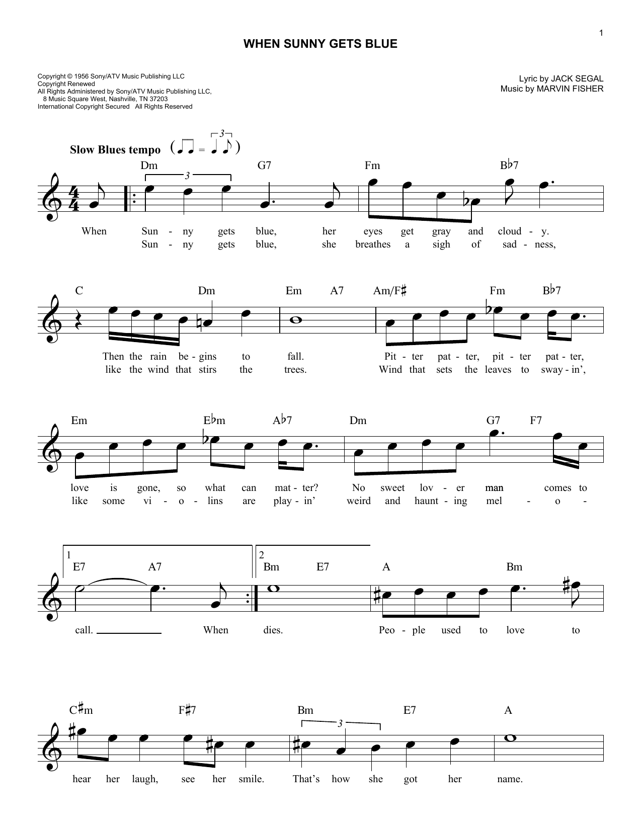 Marvin Fisher When Sunny Gets Blue Sheet Music Notes & Chords for Melody Line, Lyrics & Chords - Download or Print PDF