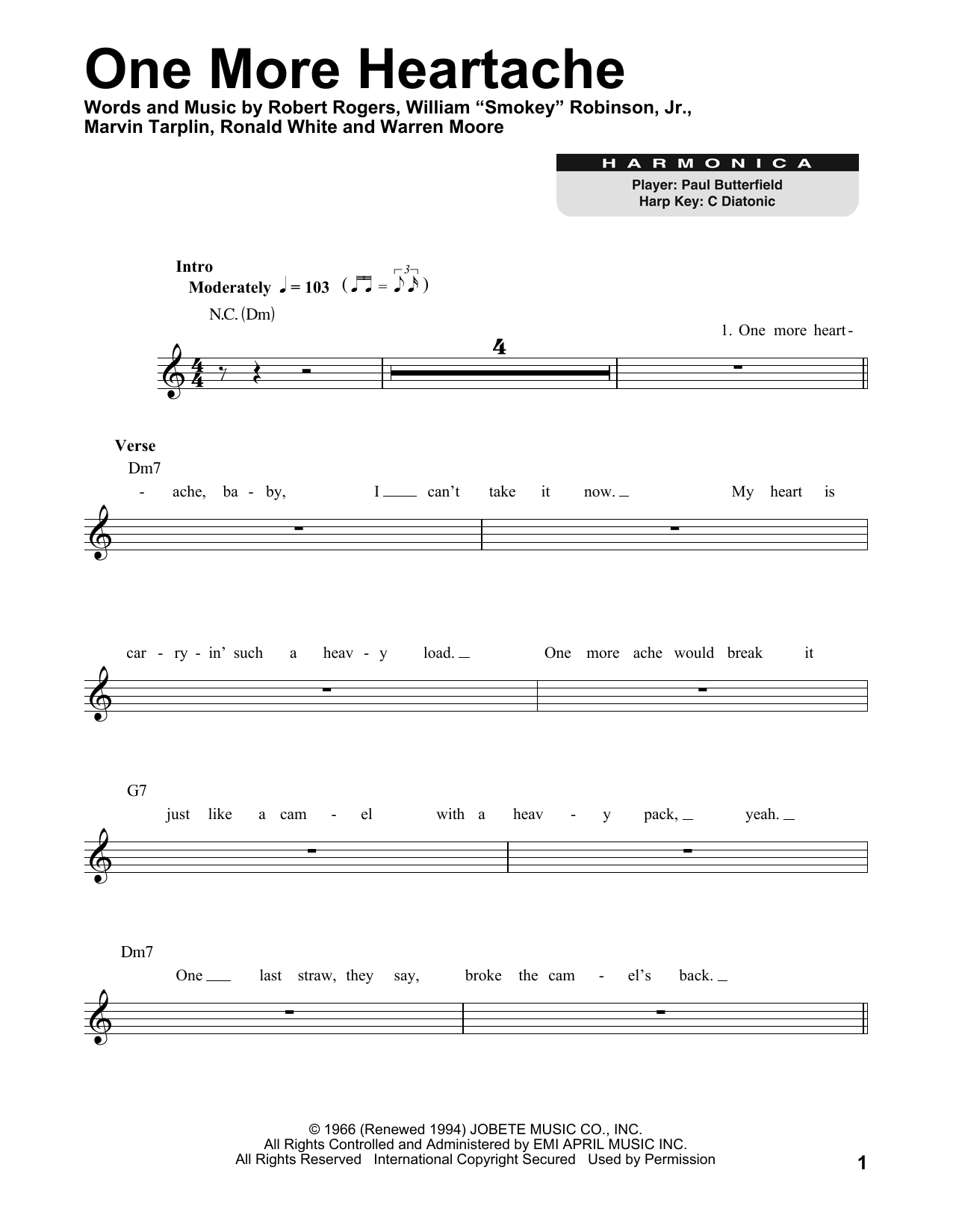 Marvin Gaye One More Heartache Sheet Music Notes & Chords for Harmonica - Download or Print PDF