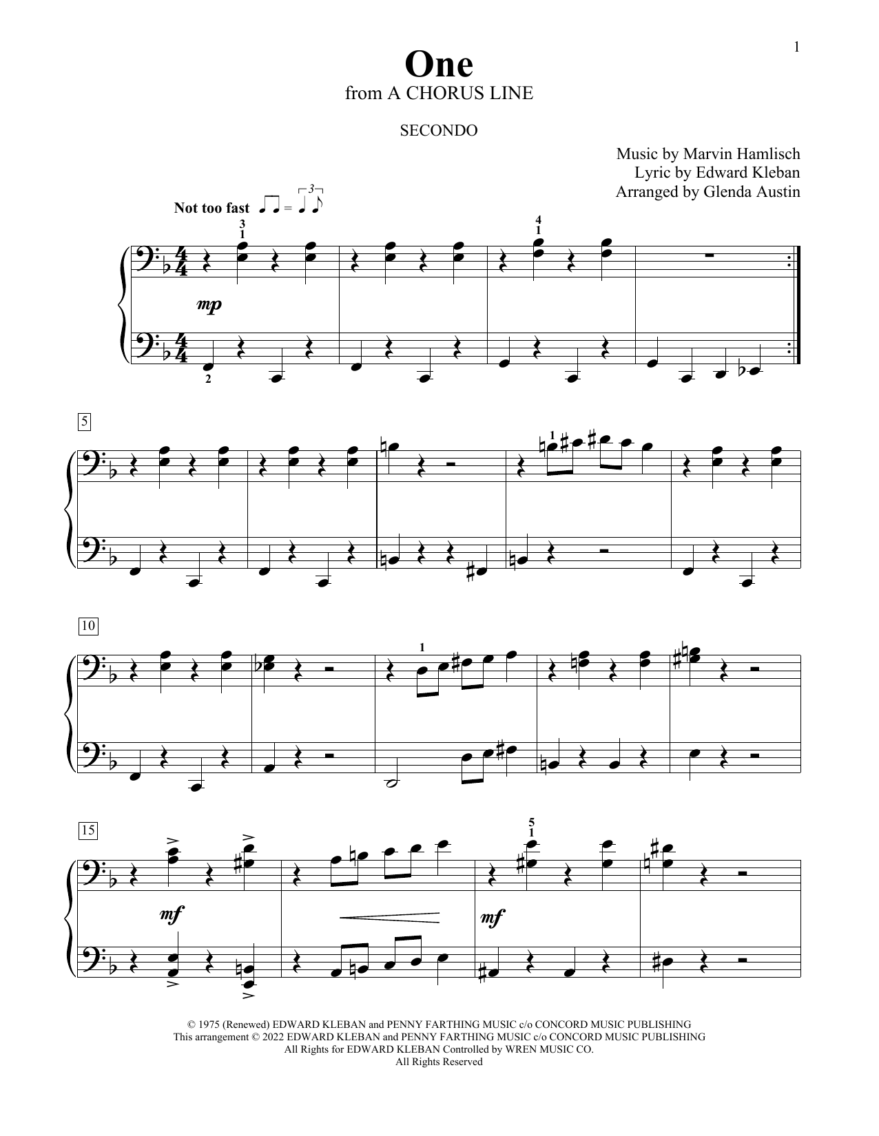 Marvin Hamlisch and Edward Kleban One (from A Chorus Line) (arr. Glenda Austin) Sheet Music Notes & Chords for Piano Duet - Download or Print PDF