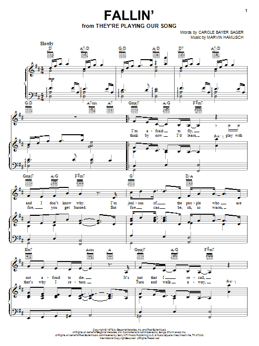 Marvin Hamlisch Fallin' Sheet Music Notes & Chords for Piano, Vocal & Guitar (Right-Hand Melody) - Download or Print PDF