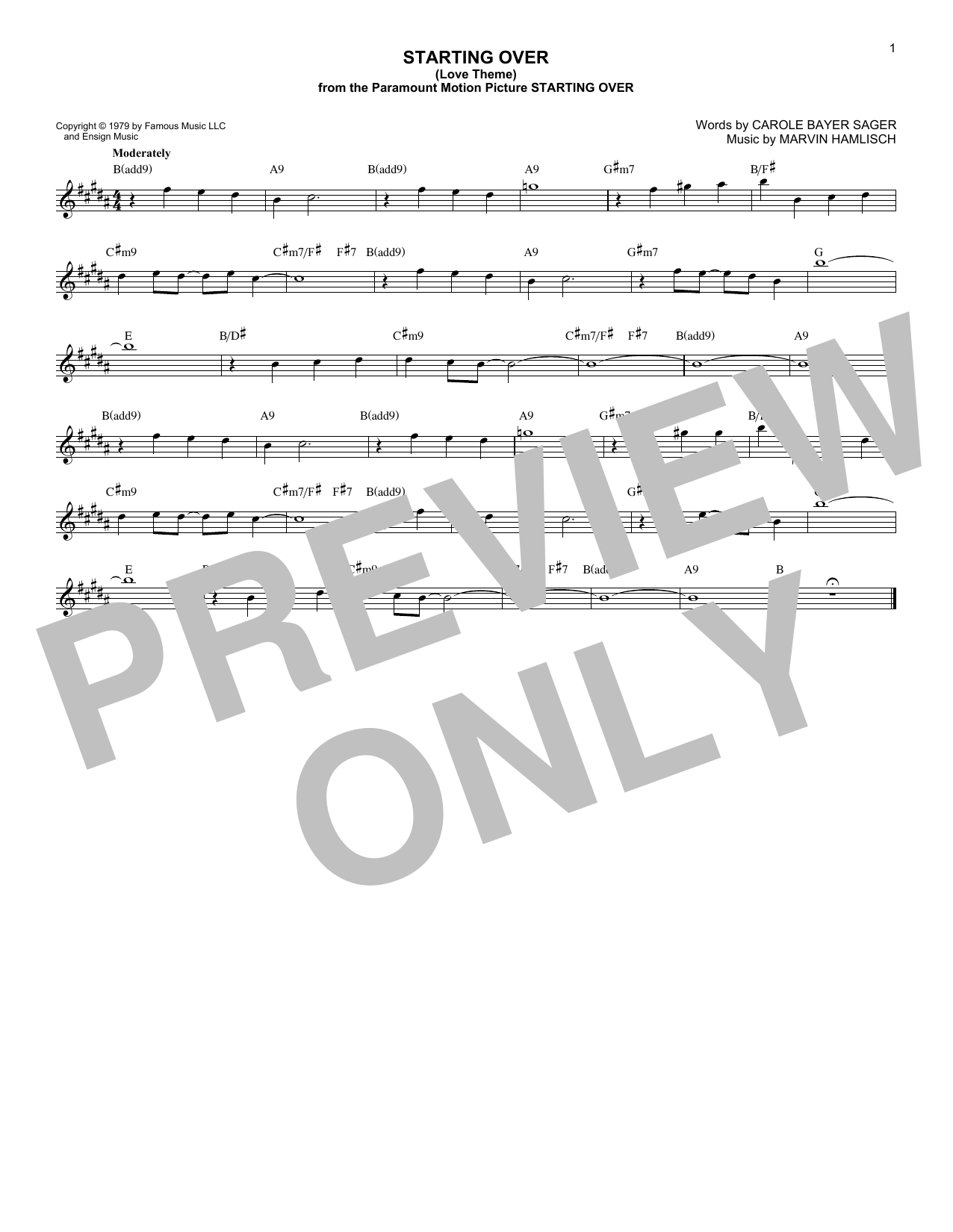 Marvin Hamlisch Starting Over (Love Theme) Sheet Music Notes & Chords for Melody Line, Lyrics & Chords - Download or Print PDF