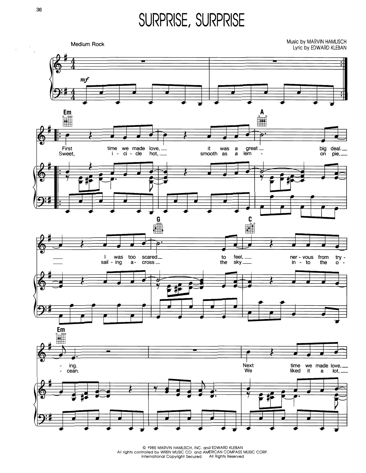 Marvin Hamlisch Surprise Surprise (from A Chorus Line) Sheet Music Notes & Chords for Piano, Vocal & Guitar Chords (Right-Hand Melody) - Download or Print PDF