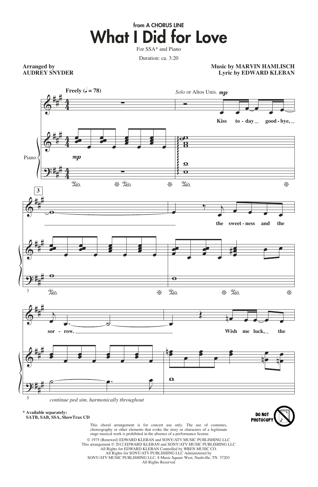 Marvin Hamlisch What I Did For Love (from A Chorus Line) (arr. Audrey Snyder) Sheet Music Notes & Chords for SSA Choir - Download or Print PDF