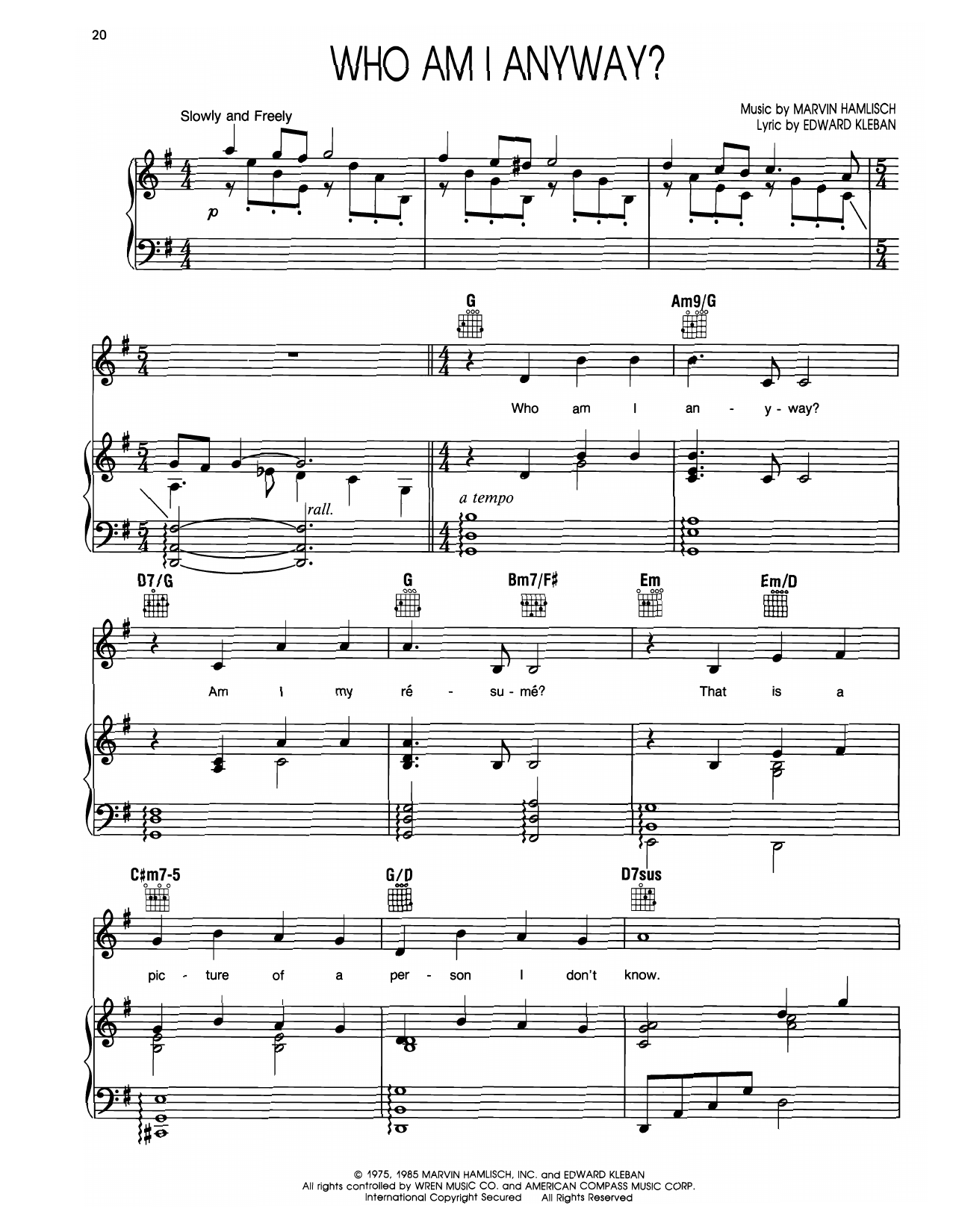 Marvin Hamlisch Who Am I Anyway (from A Chorus Line) Sheet Music Notes & Chords for Piano, Vocal & Guitar Chords (Right-Hand Melody) - Download or Print PDF