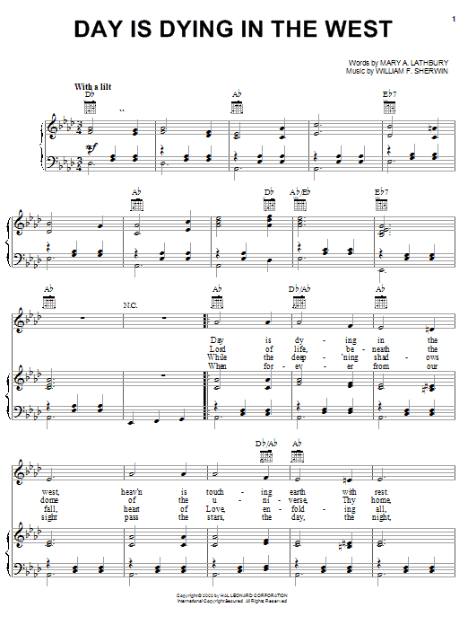 William F. Sherwin Day Is Dying In The West Sheet Music Notes & Chords for Easy Piano - Download or Print PDF