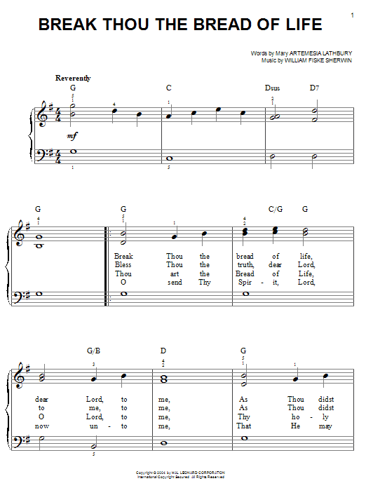 William F. Sherwin Break Thou The Bread Of Life Sheet Music Notes & Chords for Easy Piano - Download or Print PDF