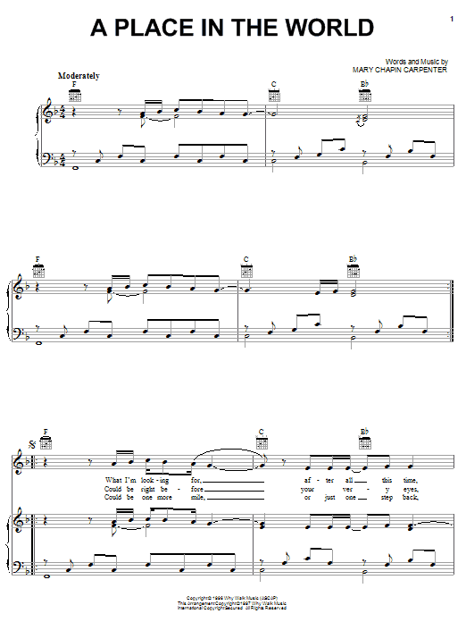 Mary Chapin Carpenter A Place In The World Sheet Music Notes & Chords for Piano, Vocal & Guitar (Right-Hand Melody) - Download or Print PDF