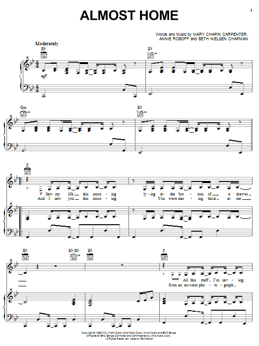 Mary Chapin Carpenter Almost Home Sheet Music Notes & Chords for Piano, Vocal & Guitar (Right-Hand Melody) - Download or Print PDF