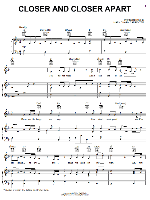 Mary Chapin Carpenter Closer And Closer Apart Sheet Music Notes & Chords for Piano, Vocal & Guitar (Right-Hand Melody) - Download or Print PDF