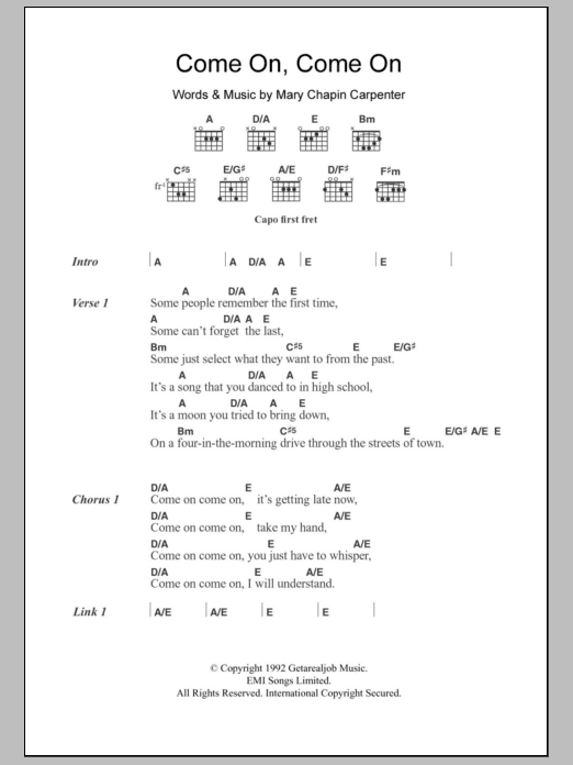 Mary Chapin Carpenter Come On Come On Sheet Music Notes & Chords for Lyrics & Chords - Download or Print PDF